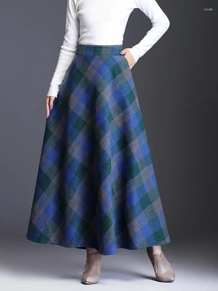 Юбки TIGENA, шерстяная длинная юбка для женщин, осень-зима 2024, винтажная контрастная клетчатая юбка трапециевидной формы с высокой талией, женская с карманами