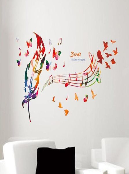 Nota musicale colorate piume murali decalcomanie farfalla pattern la canzone degli uccelli citare adesivo muro decorazione per casa fai -da -te arte d6354116