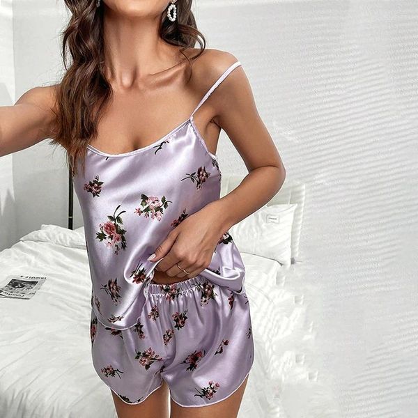 Conjunto de pijamas de cetim feminino, lingerie sexy para mulheres, roupa de dormir sem mangas, shorts, pijama de 2 peças