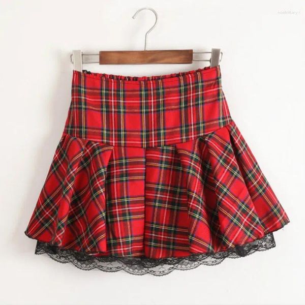 Röcke S-XXXL Hohe Qualität Adrette Frauen Uniform Rock Rot Plaid Spitze Saum Mit Futter Elastische Taille Student Mädchen Böden