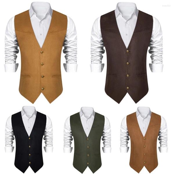 Coletes masculinos Western Cowboy Faux Camurça Casual Colete Motor Ciclismo Prom Preto Marrom Slim Fit V-Pescoço Colete Social Homens Roupas