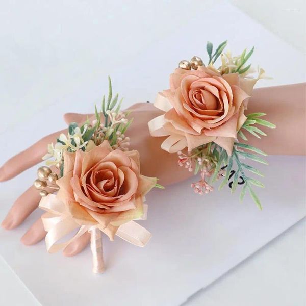 Fiori decorativi 2 pezzi Sposo Sposa Corpetto Fiore Set da polso Braccialetti artificiali Accessori da sposa