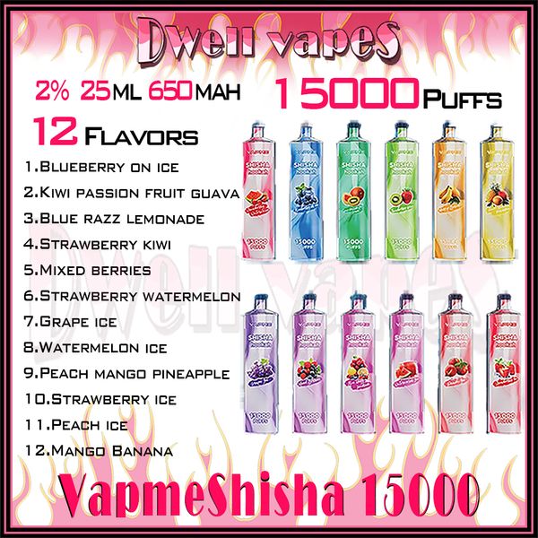 Vapme shisha 15000 puf tek kullanımlık e-sıvı 25ml e-sıvı% 2 konsantrasyon 12 lezzetler 650mAh şarj edilebilir pil puf 15k kaynak üreticisi