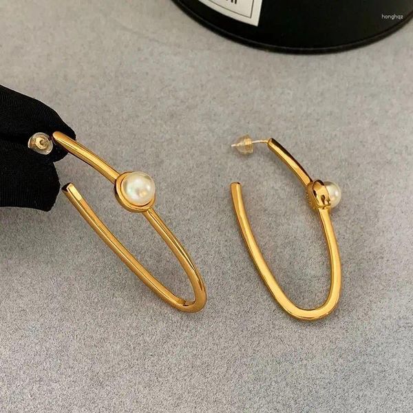 Orecchini a cerchio CE Perla unica a forma di U Premium Luxury Trendy Acciaio inossidabile 24K placcato oro spesso