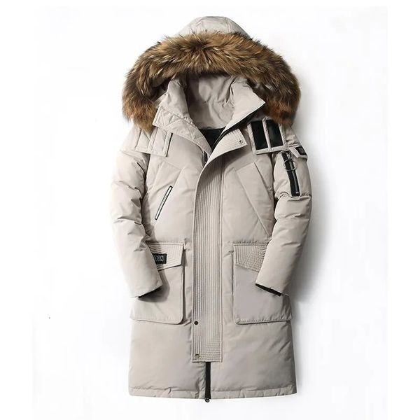 Chaqueta larga de invierno para hombre, Anorak de plumón de pato blanco con capucha cálida, Parka para hombre, abrigo con cuello de piel desmontable, chaqueta impermeable 240106