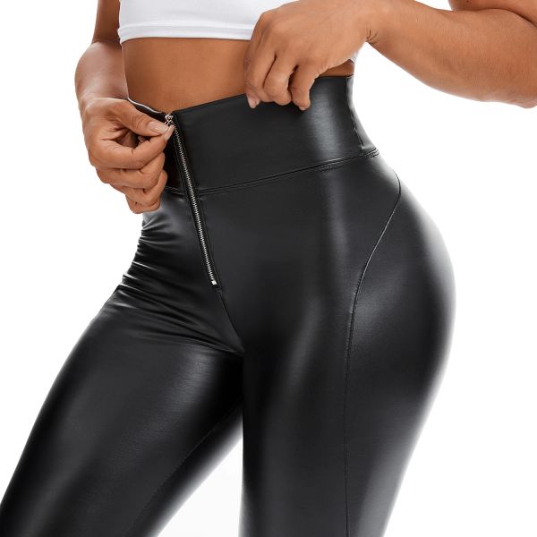 Leggings in PU con cerniera a vita alta per donna Leggins push up neri Lady Bottino sexy pantaloni sportivi slim elasticizzati Leggings in pelle PU