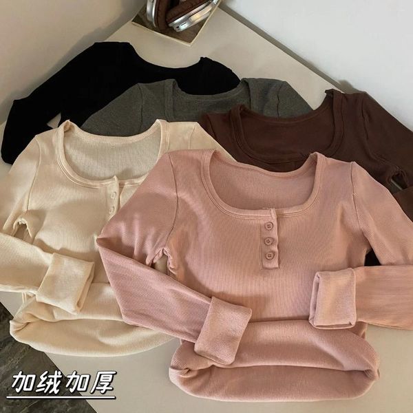 T-shirt da donna Autunno Inverno T-shirt con bottoni levigati T-shirt da donna Calda camicia di velluto addensato T-shirt femminile con fondo a maniche lunghe e top corti