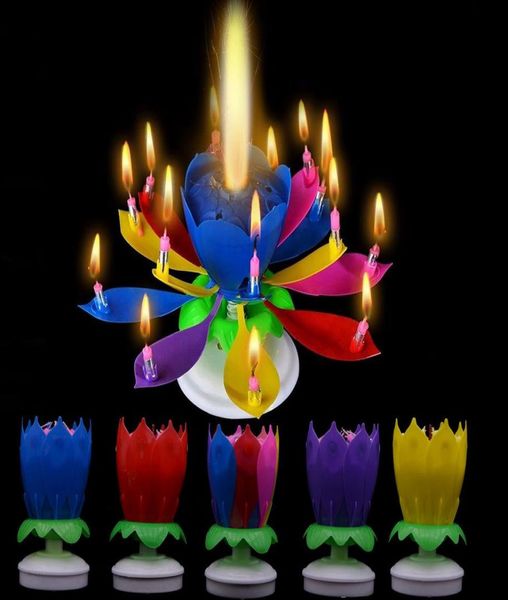 Candela di compleanno musicale Candele magiche di fiori di loto Blossom Rotating Spin Party Candle 14 piccole candele 2 strati Cake Topper decorat7929325