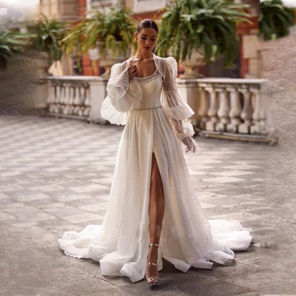 Glitter coxa alta divisão vestidos de casamento com jaqueta uma linha cristal pescoço vestido de noiva trem watteau para noiva