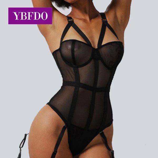 YBFDO Sexy Spitze Mesh Overall Hosenträger Kunststoff Körper Anzug Strap Bodysuit Frauen Strumpfband Versuchung Streetwear 240108