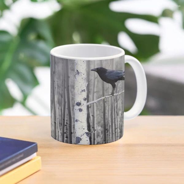 Tassen, schwarzer Vogel, Krähe, Baum, Birke, Wald, weiße Landkunst, A135, Kaffeetasse, Kawaii-Mixer-Frühstückstassen