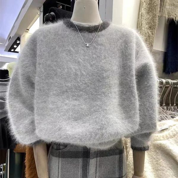 Suéteres femininos 2024 coreano outono inverno cinza mohair malha solta jumpers para mulheres o pescoço manga longa vison cashmere macio quente