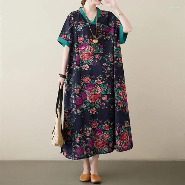 Бальные платья 2024, поступление, хлопковое платье с цветочным принтом и v-образным вырезом, винтажное свободное летнее платье Hanfu в китайском стиле, женское повседневное длинное платье для путешествий