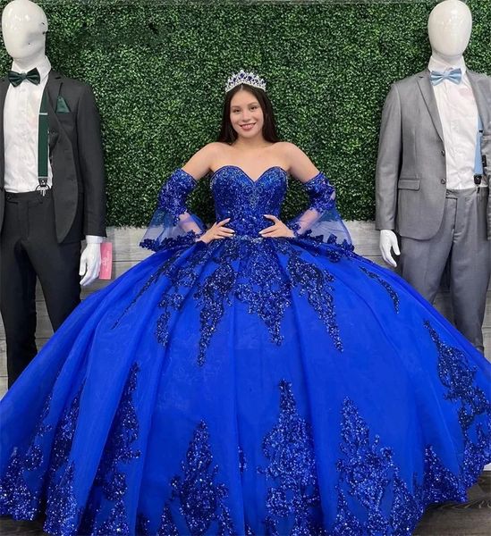 Royal Blue Princesa Quinceanera Vestidos Com Glitter Lantejoulas Apliques de Renda Destacáveis Mangas Flare Querida Decote Luxo Tule Vestido de Baile Para Meninas