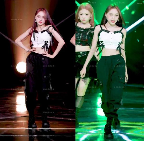 Calças femininas de duas peças Kpop Coréia Girl Group Jazz Dance Preto Wide Leg Carga Macacões Branco Slim Off-Ombro Sling Colete Tops Mulheres Set