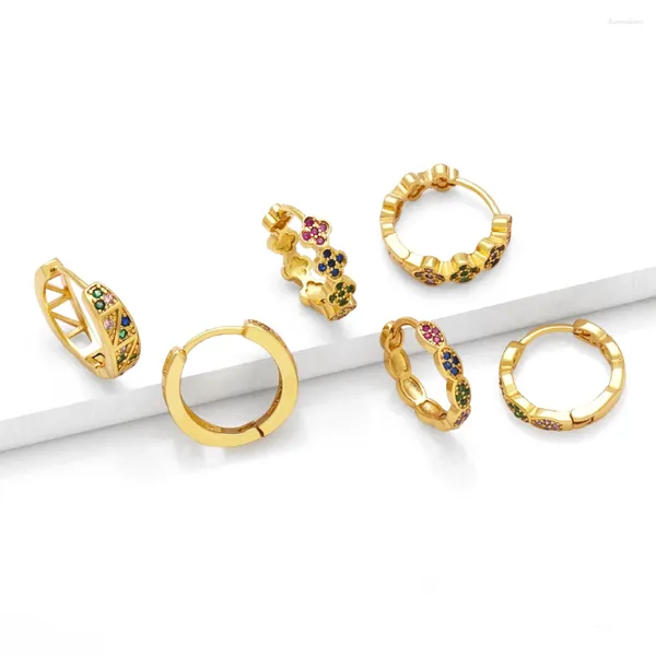 Brincos de argola multicoloridos banhados a ouro para mulheres cobre cz cristal conexão circular huggie joias da sorte presentes ersq22