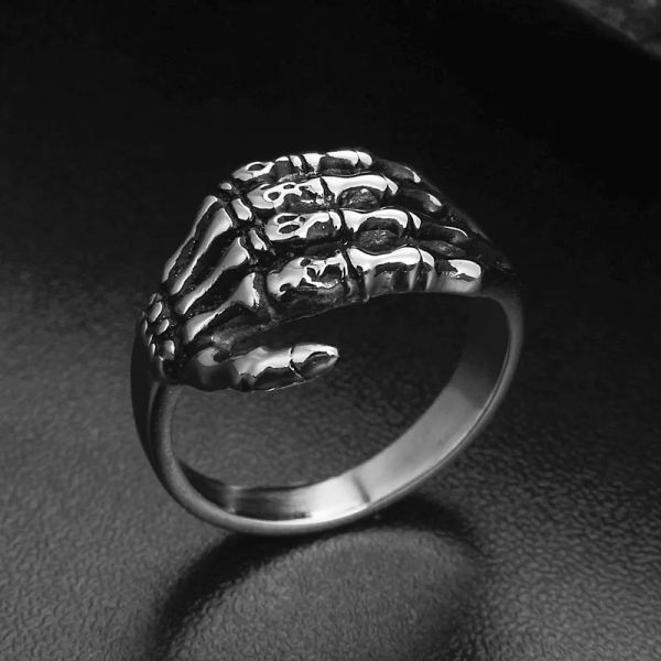 Goth Biker Punkrocker Skelton Hand Wrap Band Ring für Männer oxidiert silberton 14k Weißgold Schädel Knochenring Juwely
