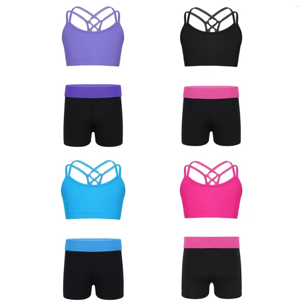 Conjuntos de roupas Crianças Meninas Ballet Leotard Strappy Crop Top Shorts Outfit Set para Ginástica Workout Yoga Sport Dance Stage Performance Roupas