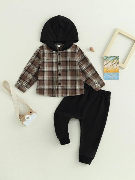 Vestidos de menina para bebês meninos roupas de inverno xadrez flanela camisas com capuz e calças aconchegantes com cintura elástica conjunto de roupas de 2 peças
