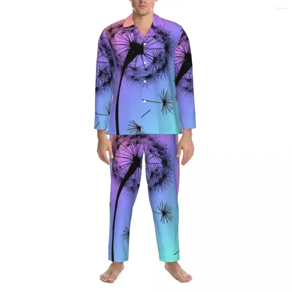 Homens sleepwear dandelion outono arco-íris desejos vintage oversize pijama conjuntos masculino manga longa na moda noite design nightwear