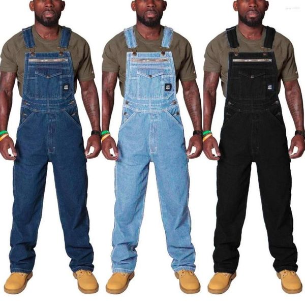 Herren Jeans Europäischer und amerikanischer Riemen Frühling Herbst Blue Tear Denim Jumpsuit Lange Fracht Plus Größe