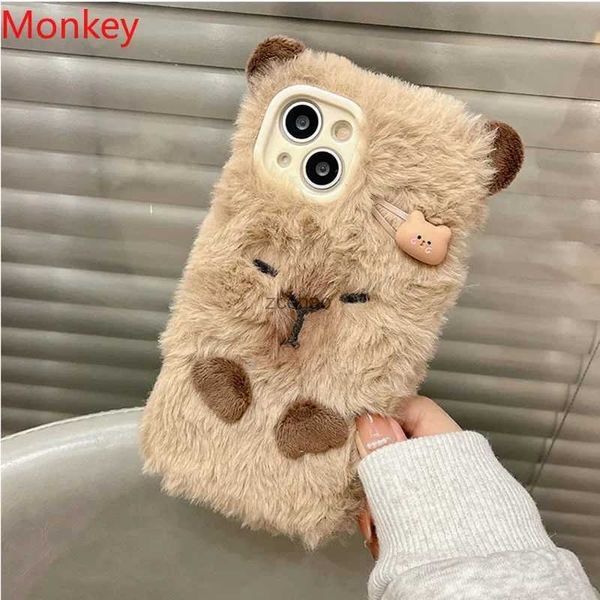 Cell Phone Cases Ins Korean Cute 3D Capybara Soft Case For iPhone 15 Pro Max Case 14 Plus 13 12 11 Winter Furry Fluffy Fur Shockproof Cover CoqueL240105