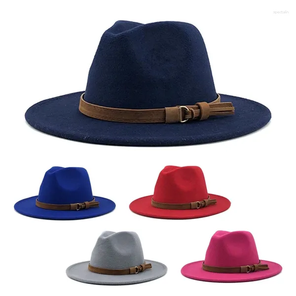 Berretti Cappello Fedora vintage Cintura in pelle scamosciata Bombetta in lana Cappello da cowboy con grondaia piatta in feltro simil lana