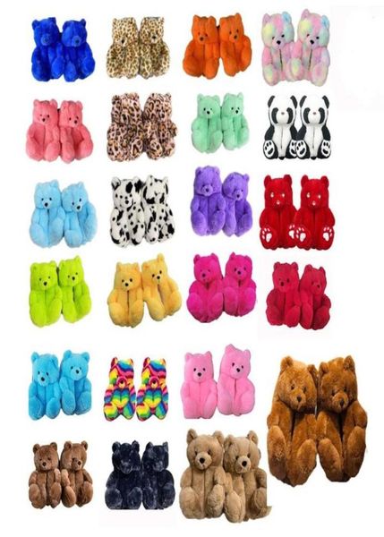 18 Stile Plüsch-Teddybär-Hausschuhe, braun, für den Innenbereich, weich, rutschfest, Kunstfell, niedlich, flauschig, rosa Hausschuhe, Winter, warmer Schuh, Par2823764