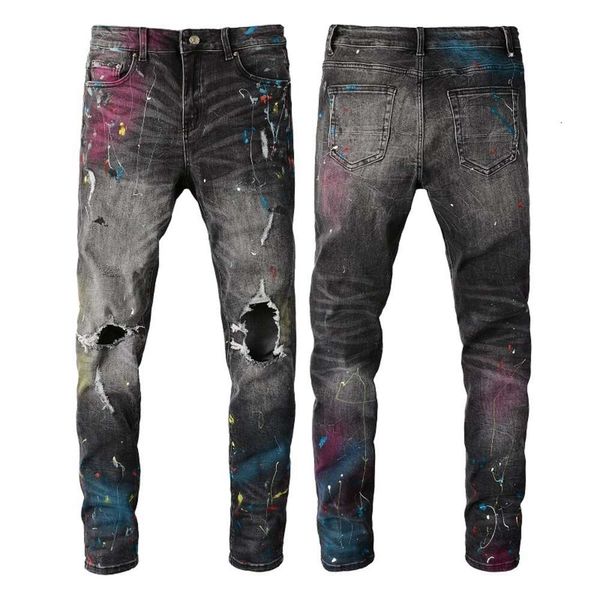 Mens Designer Calças Jeans Roxo Amris 5636 High Street Distressed Denim Jeans para Homens com Tinta Spray Salpicada Graffiti Jeans Elásticos Homens com Slim Fit