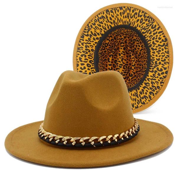 Berets moda fedora chapéus mulheres homens trilby bonés fedoras cinto de corrente jazz chapéu senhora interior leopardo boné soprador de feltro