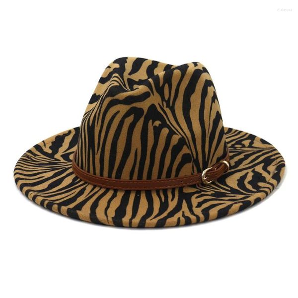 Berretti Cappelli Fedora Jazz con stampa a strisce zebrate con fibbia per cintura marrone Donna Uomo Cappello a cilindro in feltro a tesa larga Cappello Panama