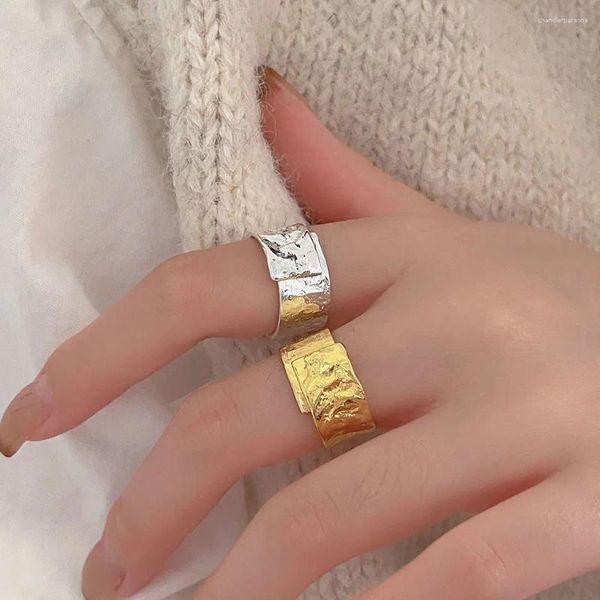 Clusterringe S925 Sterling Silber Offener Ring Einfach Unregelmäßig Konkav Konvex Gesicht Breite Überlappung Goldfolienmuster Damen