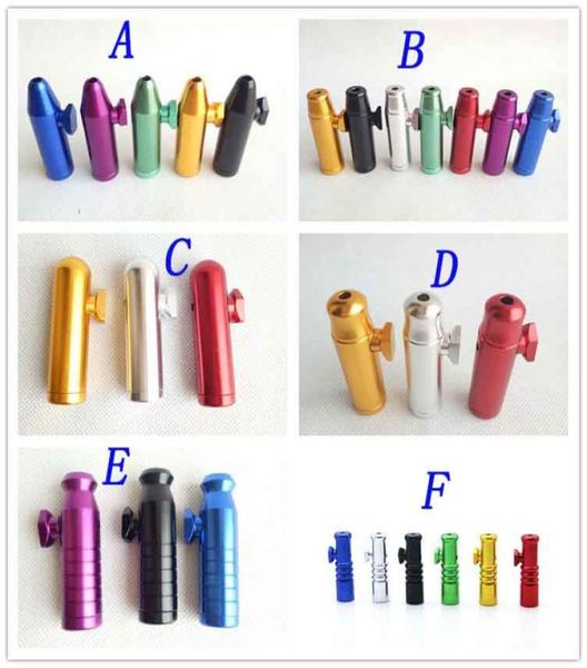 Tubo de metal de alumínio Bullet Rocket Shaped Snuff Snorter Sniff Dispenser Nasal para tabaco cigarro mão fumar cachimbos ferramentas 6 styl7871727