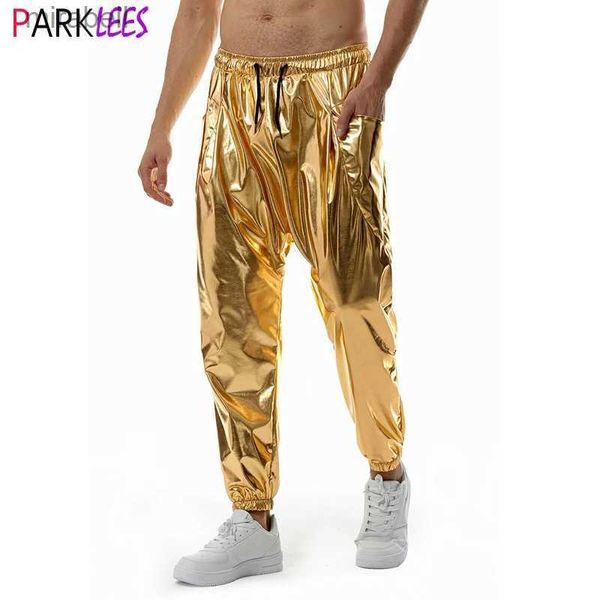 Herrenhose Shiny Gold Metallic Jogger Jogginghose für Männer Hip Hop Casual Pocket Cargohose Disco Dance Party Festival Prom Streetwear YQ240108