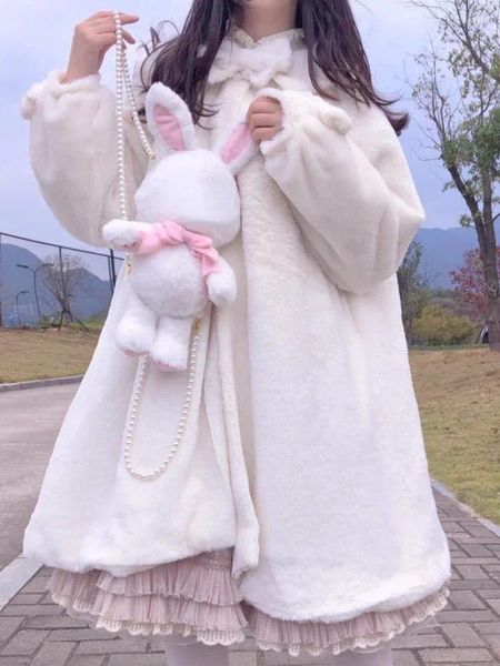 Damenjacken Winter Warm Kawaii Wollmantel Frauen Lose Japanische Süße Lolita Outwear Jacke Weibliche Koreanische Niedliche Taschen Hoodies Mantel