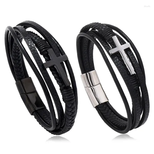 Bedelarmbanden Klassiek ontwerp Kruis Heren Echt leer Roestvrij staal Magneetsluiting Bedels Handarmband Homme Kerstcadeaus voor heren