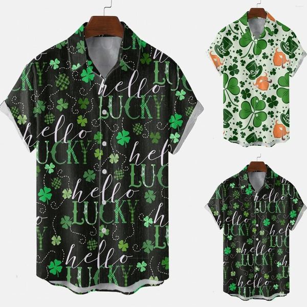 Camicie casual da uomo Maschile San Patrizio Moda Trifoglio irlandese Lettera Stampa risvolto Camicetta manica corta Camisas festival hawaiano