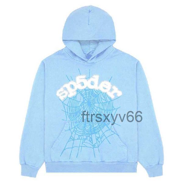 Sp5der 555555 Hoodies Mens Womens Angel Number Puff Pastry Printing Graphic Spider Web Sweatshirts Streetwear Top Clothing Light Blue AZ85