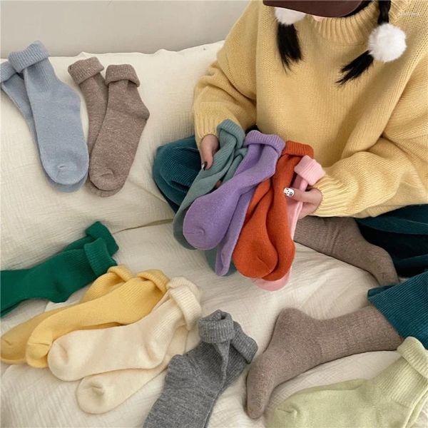 Frauen Socken Herbst und Winter einfarbig Wolle gestapelt verdickt warm mittlere Röhre für