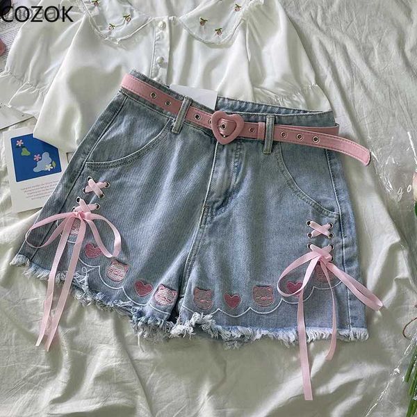 Damesshorts Japanse Chic Bandage Lolita Denim Shorts Dames Zoet Schattig Cartoon Piggy Borduren Strik Jeans Meisje Kawaii Y2k Korte broek Zomer YQ240108