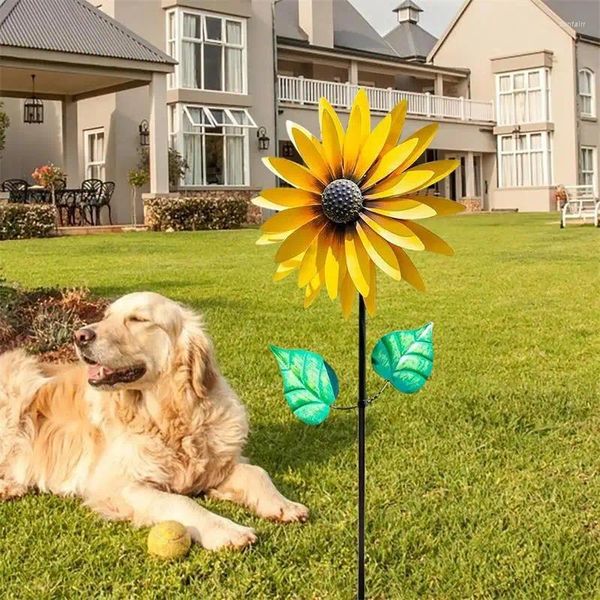 Decorações de jardim girassol moinho de vento metal giratório girador com estaca em pé gramado flor catavento decoração ao ar livre crianças brinquedo7