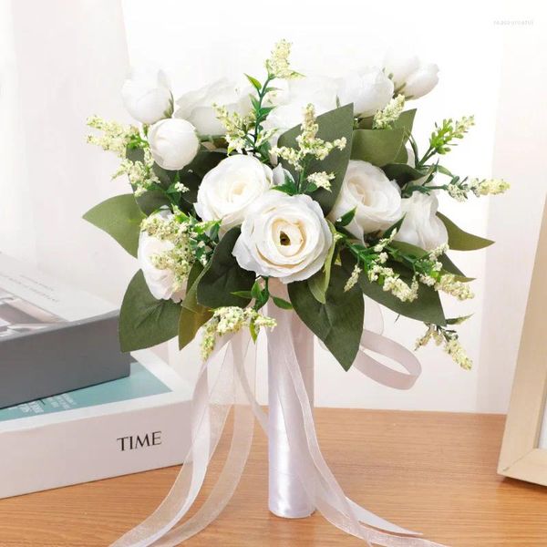 Декоративные цветы, свадебные аксессуары, букет для подружки невесты, белые шелковые розы, искусственный свадебный букет для девочек