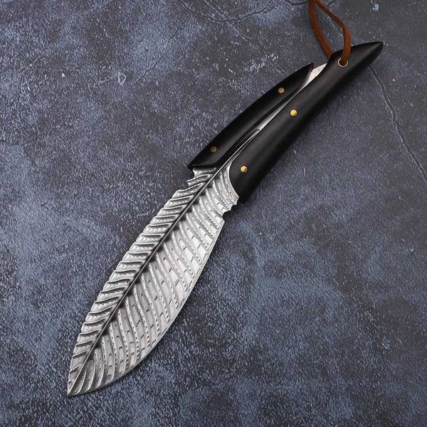 Coltello da campeggio Coltello a lama fissa in acciaio di Damasco Coltello da caccia Coltello dritto Modello a piuma Sopravvivenza Multitool Coltelli tattici per autodifesa