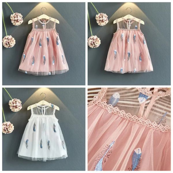 Gonne senza maniche per bambina ricamate con piume, colore bianco e rosa, abito da bambina, abito estivo per bambini, boutique di abbigliamento, abito firmato ZZ