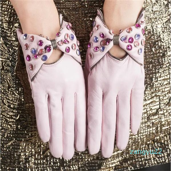 Fünf-Finger-Handschuhe, bunte Diamanten, für Damen, wirklich Leder, kurz, modisch, warm, importierte Schaffell-Guantes