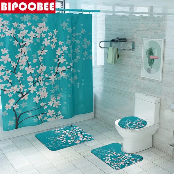 Rideaux de douche en tissu imprimé de fleurs de cerisier, ensemble de rideaux de salle de bains, tapis antidérapants à fleurs, couvercle de toilette, ensembles de tapis de bain 240108