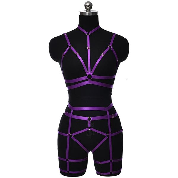 Body con arnés elástico morado para mujer, conjunto de lencería Sexy Bondage, medias góticas, liga, sujetador ajustable Rave 240106