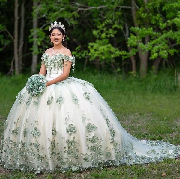 Abiti Quinceanera verde salvia con spalle scoperte Fiore 3D Sweet 15 Abiti Plus Size Abiti 16 Abito da ballo di fine anno