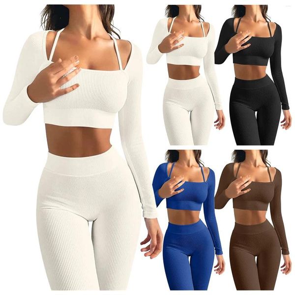 Calças femininas de duas peças conjuntos de treino magro sutiã respirável manga longa top sem costura roupas cintura alta push up leggings ginásio