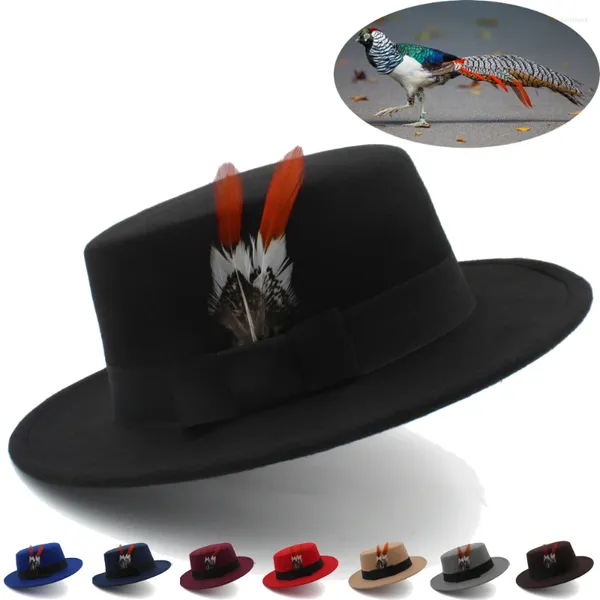 Berretti 2 Taglie Genitore-bambino Uomo Donna Bambini Bambini Ragazzo Ragazza Cappelli in lana Paglietta Cappellino piatto Berretti da marinaio Fascia in piume Fedora Trilby